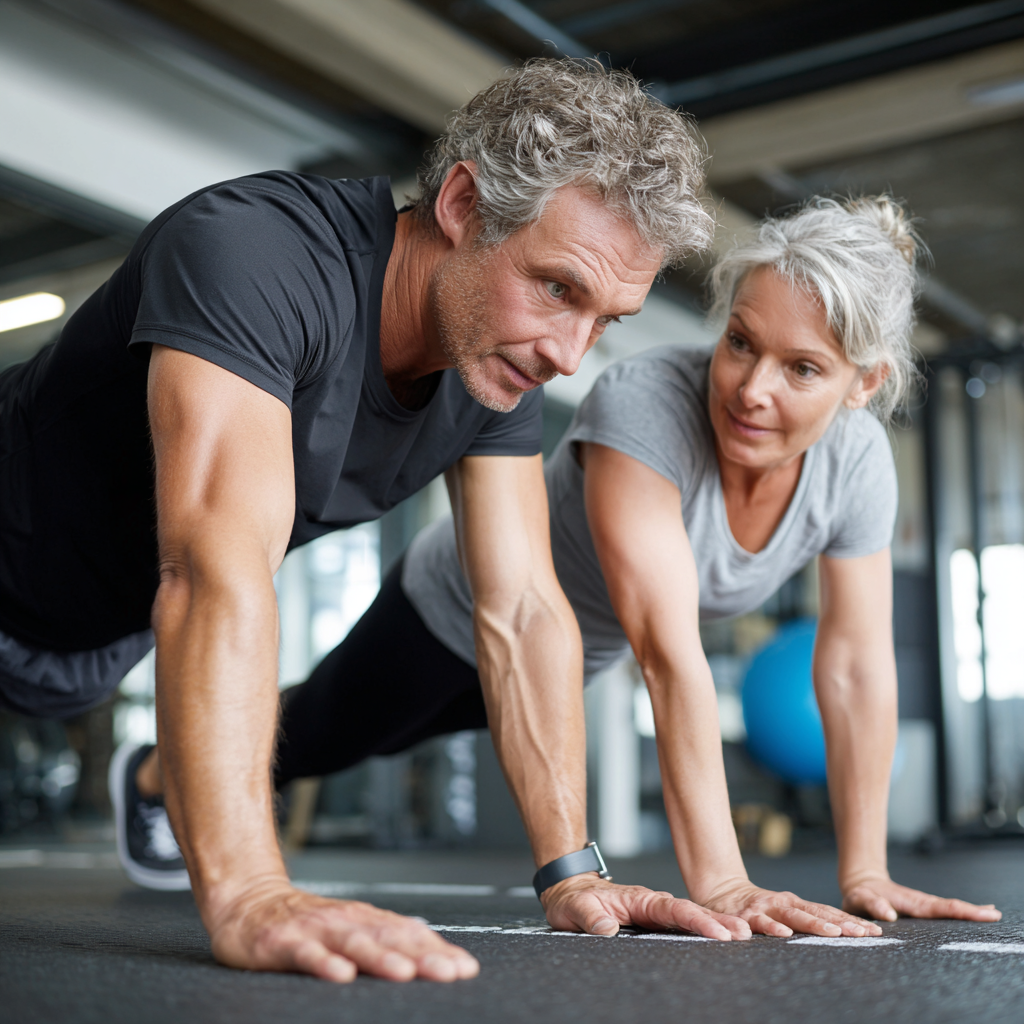 Experienced fitness instructor demonstrating proper exercise technique to middle-aged client
