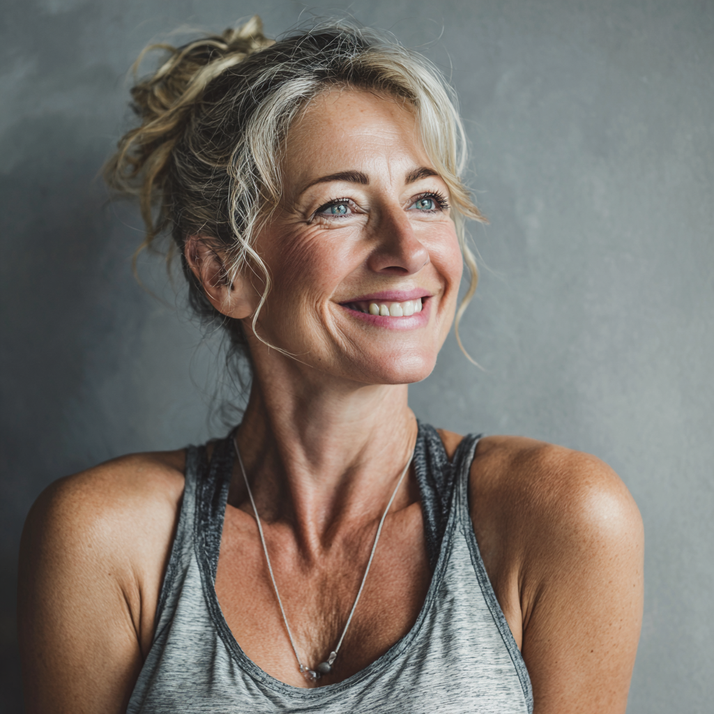 Happy middle-aged woman after successful fitness transformation training