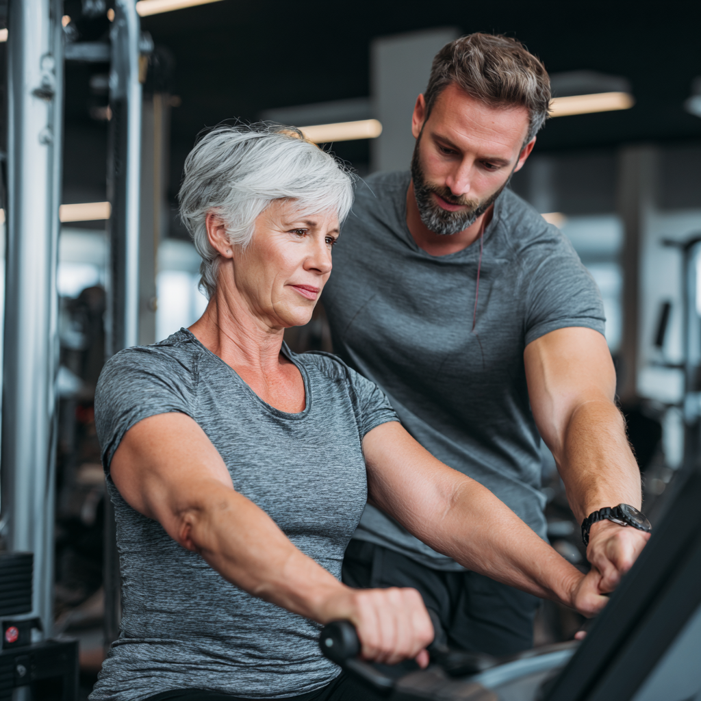 Professional fitness trainer working with mature adult in modern gym environment